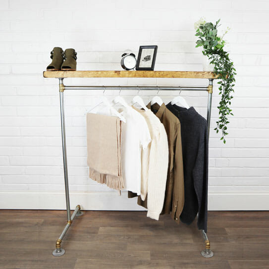 Free Standing Clothing Rail with Wooden Shelf | Industrial Silver Steel ...